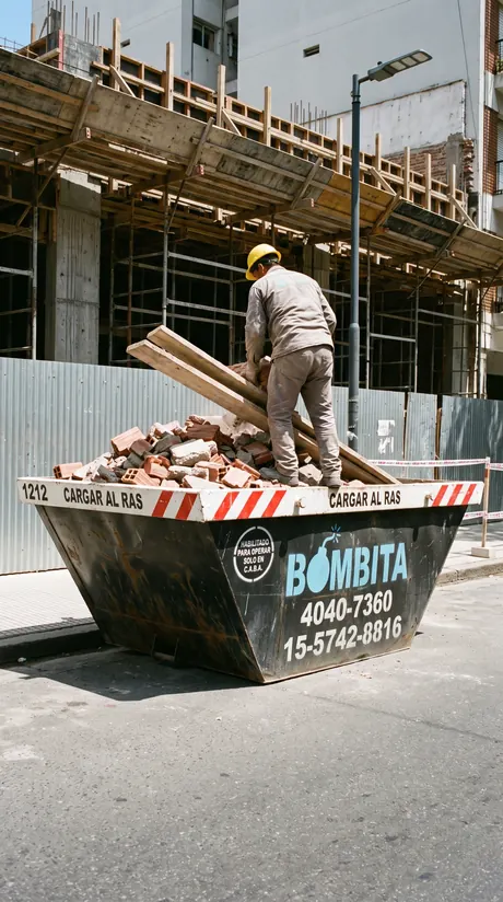 Un obrero carga escombros en un volquete Bombita al pie de una obra en Capital Federal