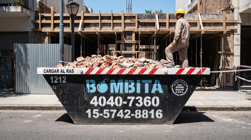 Volquete Bombita al pie de una obra en construcción con andamios, en una calle de Buenos Aires
