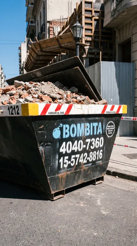 Volquete Bombita cargado al ras con escombros de demolición frente a un edificio