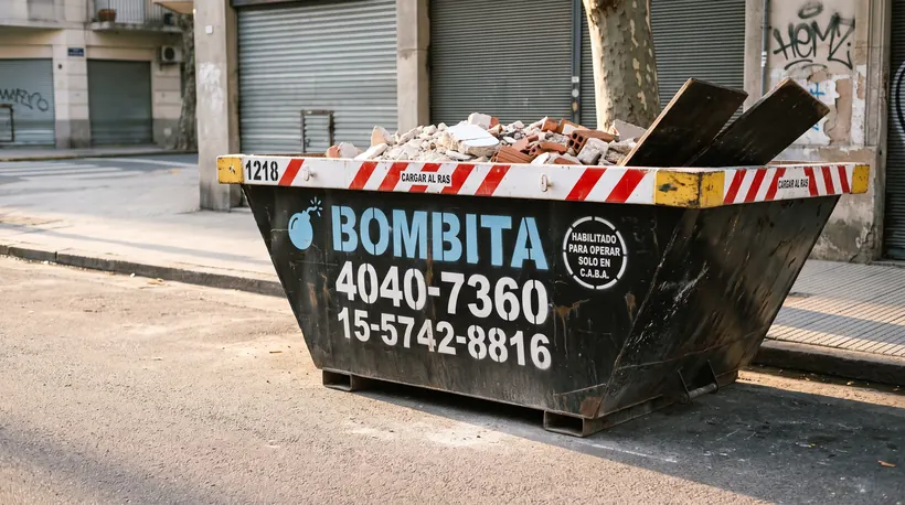 Volquete Bombita colocado sobre el cordón frente a un local en refacción