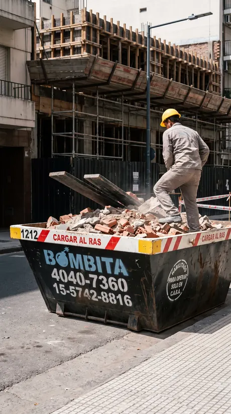 Un obrero acomoda maderas y restos de obra dentro de un volquete Bombita