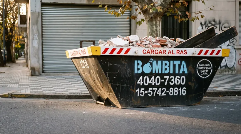 Volquete Bombita con el sello de habilitado para operar en la Ciudad, en una calle arbolada